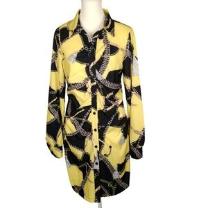 NWOT SHEIN Yellow Black Chain Print Button Up Shirt‎ Dress Long Sleeve